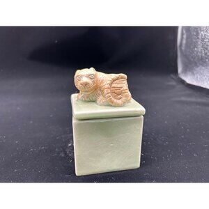 Vintage Celadon Crackle Glaze Trinket Box Tiger on Lid, Ceramic Thailand 2.50"